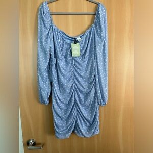 blue floral mesh long sleeved white dress with rouching